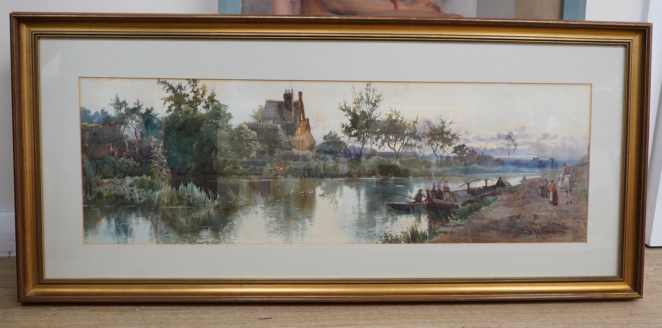 William Matthison (1865-1922), watercolour, Riverscape with boats, signed, details verso, 24 x 74cm. Condition - fair